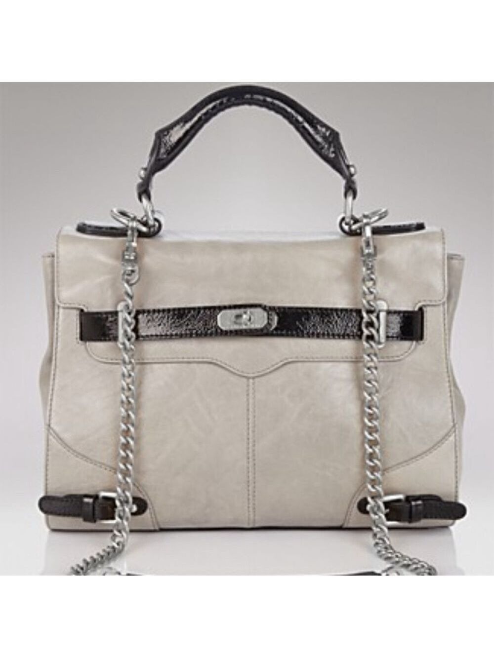 Rebecca minkoff grey leather and Black chain strap turnlock stachel Handbag